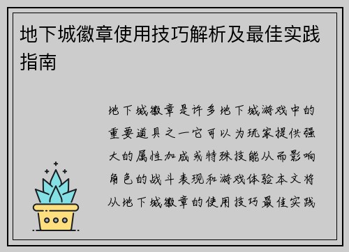 地下城徽章使用技巧解析及最佳实践指南